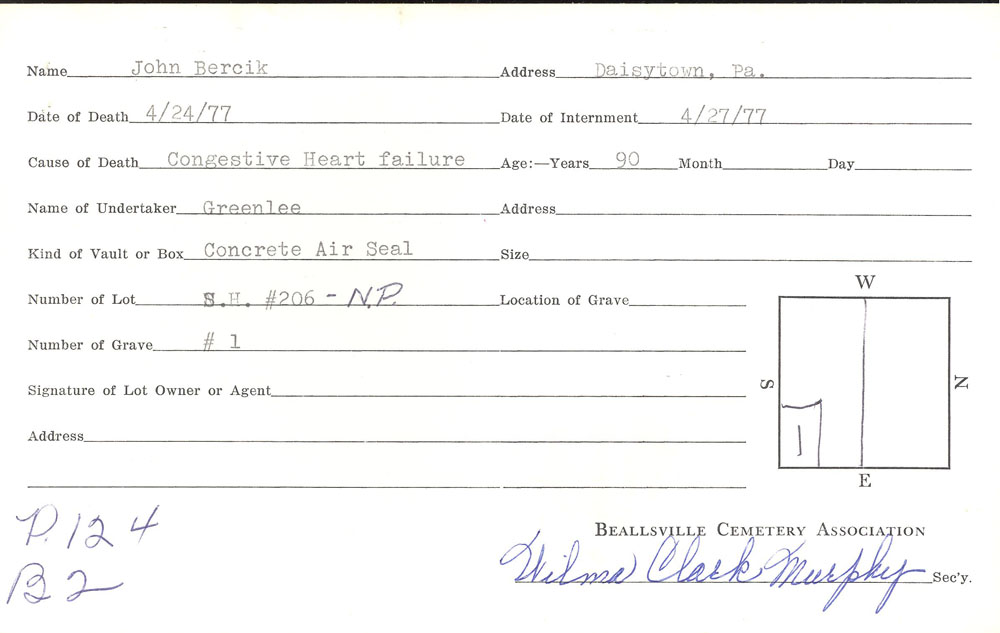 John Berckik  burial card